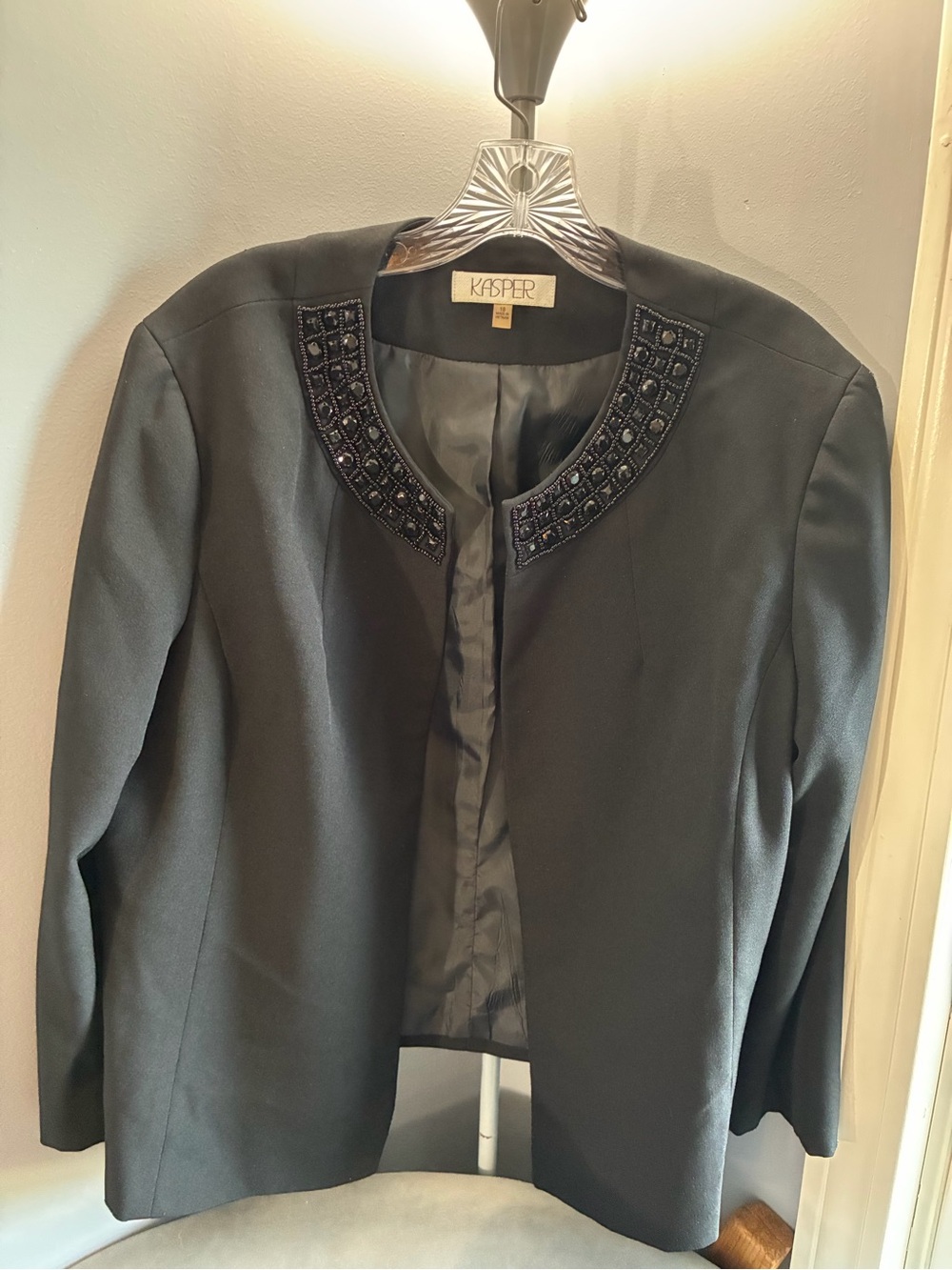Kasper Women's Black Beaded Collar Jacket 3/4 Sleeves